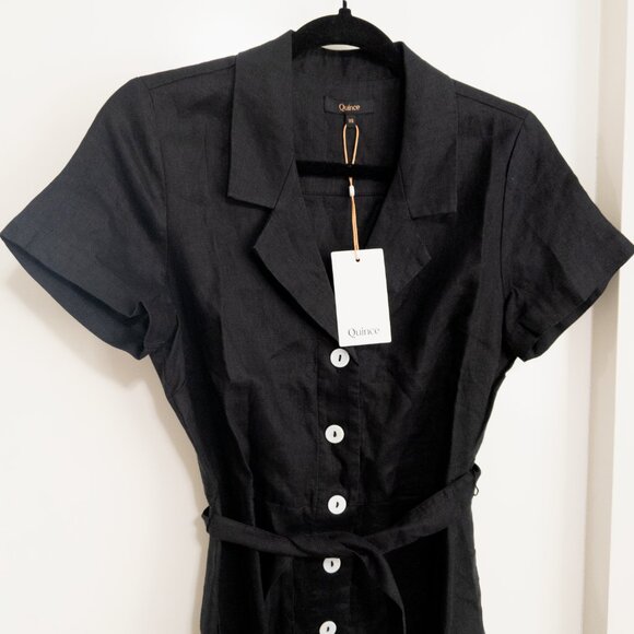 QUINCE XS 100% European Linen Button Front Dress in Black Midi Belted Vacay NWT - Picture 3 of 6